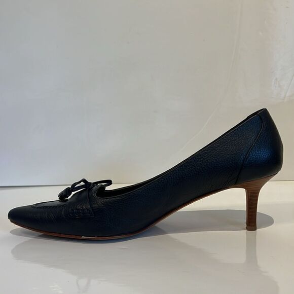 Brooks Brothers Navy Blue Pebbled Leather Kitten Heel Shoes Size 9 - Picture 3 of 12